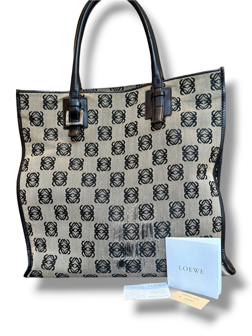 Loewe Canvas Tote in Tanwith Black Leather Trim and Handles